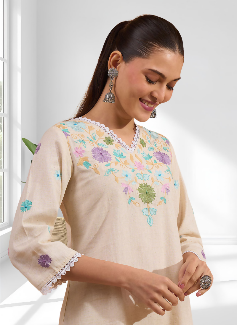 Joban Fashion Cream Linen Embroidered Readymade Cord Set | Grocsy