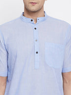 Even Apparels Blue Pure Cotton Men's H/S Kurta With Band Collar | Grocsy
