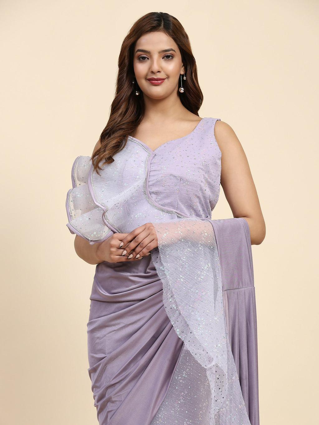 Light Purple Lycra Solid Ready to Wear Saree with stitched Blouse - Nita | Grocsy