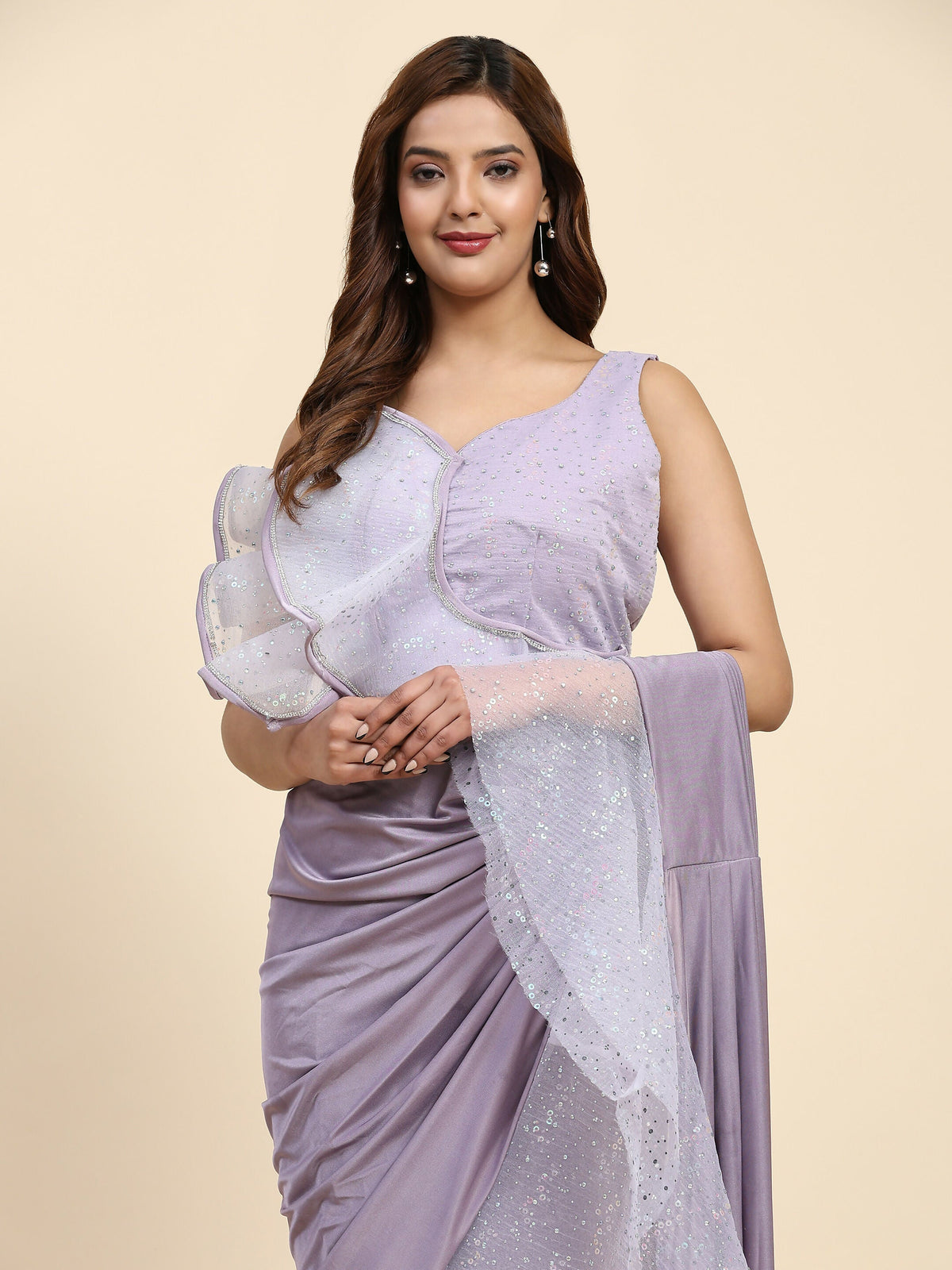 Light Purple Lycra Solid Ready to Wear Saree with stitched Blouse - Nita | Grocsy