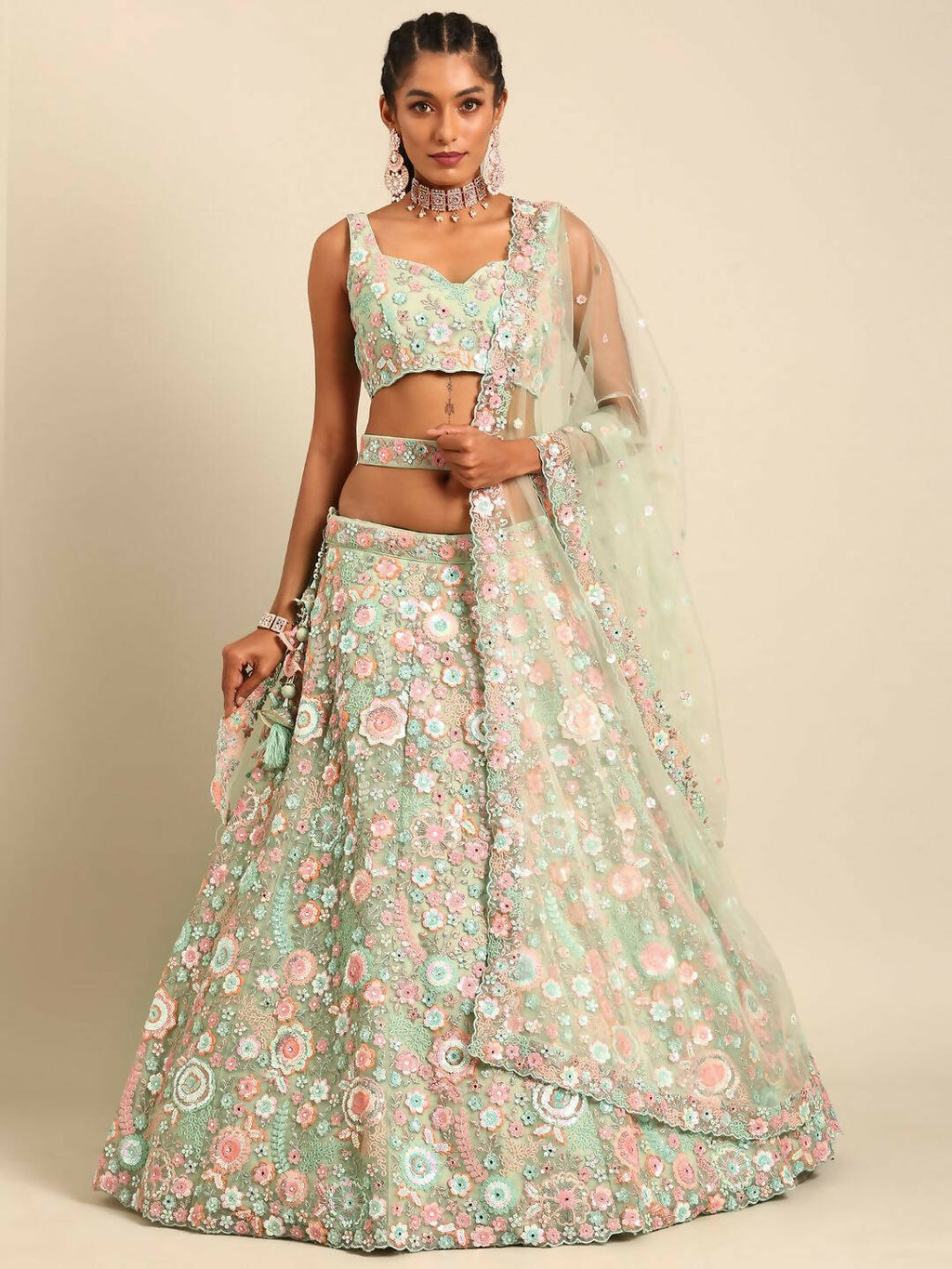 House of Panchhi Lime Green Net Sequins, Mirror and thread embroidery Lehenga choli & Dupatta | Grocsy
