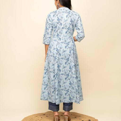 FIORRA Women's Light Blue Cotton Flared Kurta Pant with Dupatta | Grocsy