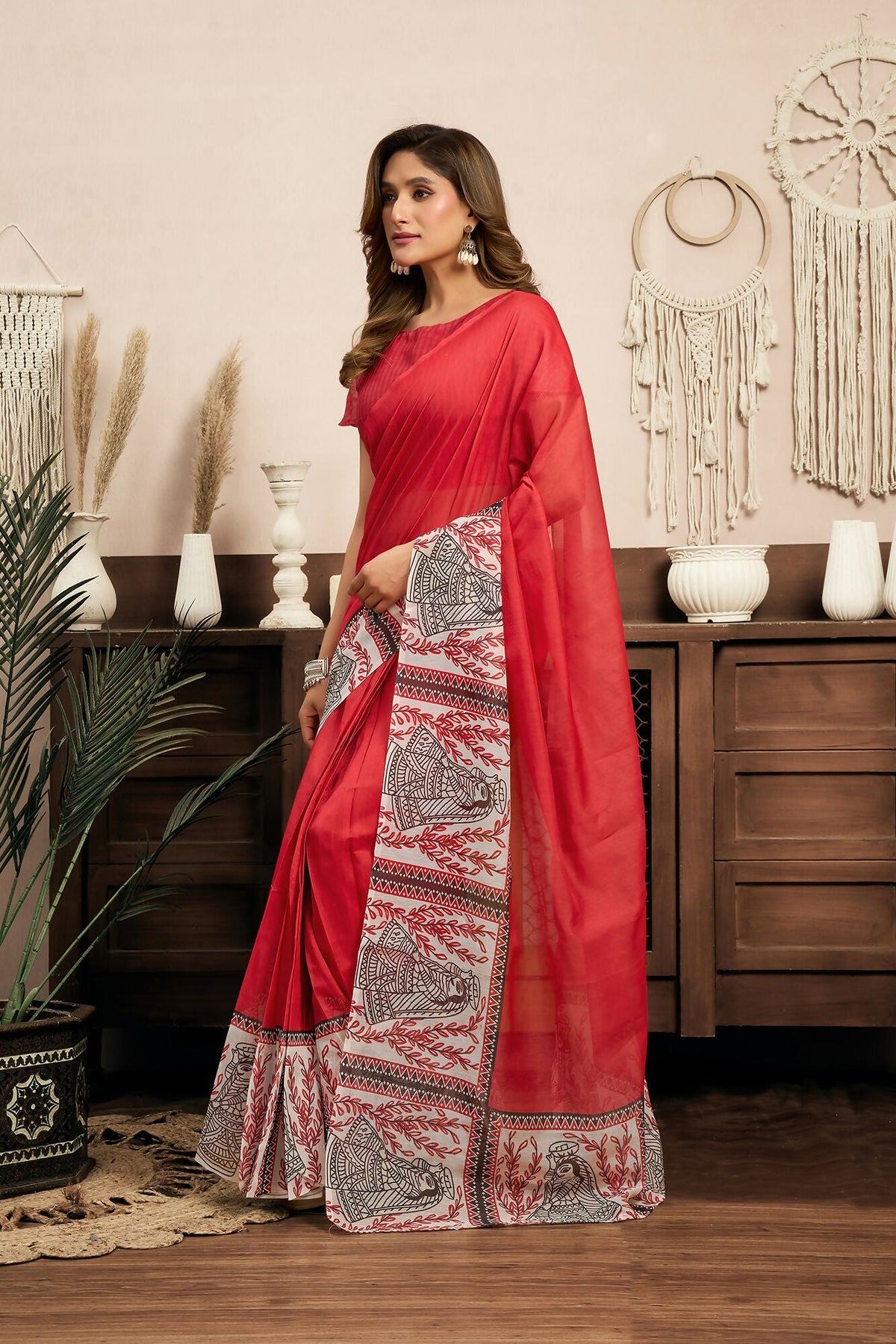 Vastranavya Red Digital Printed Linen Ready To Wear Designer Saree with Unstitched Blouse | Grocsy