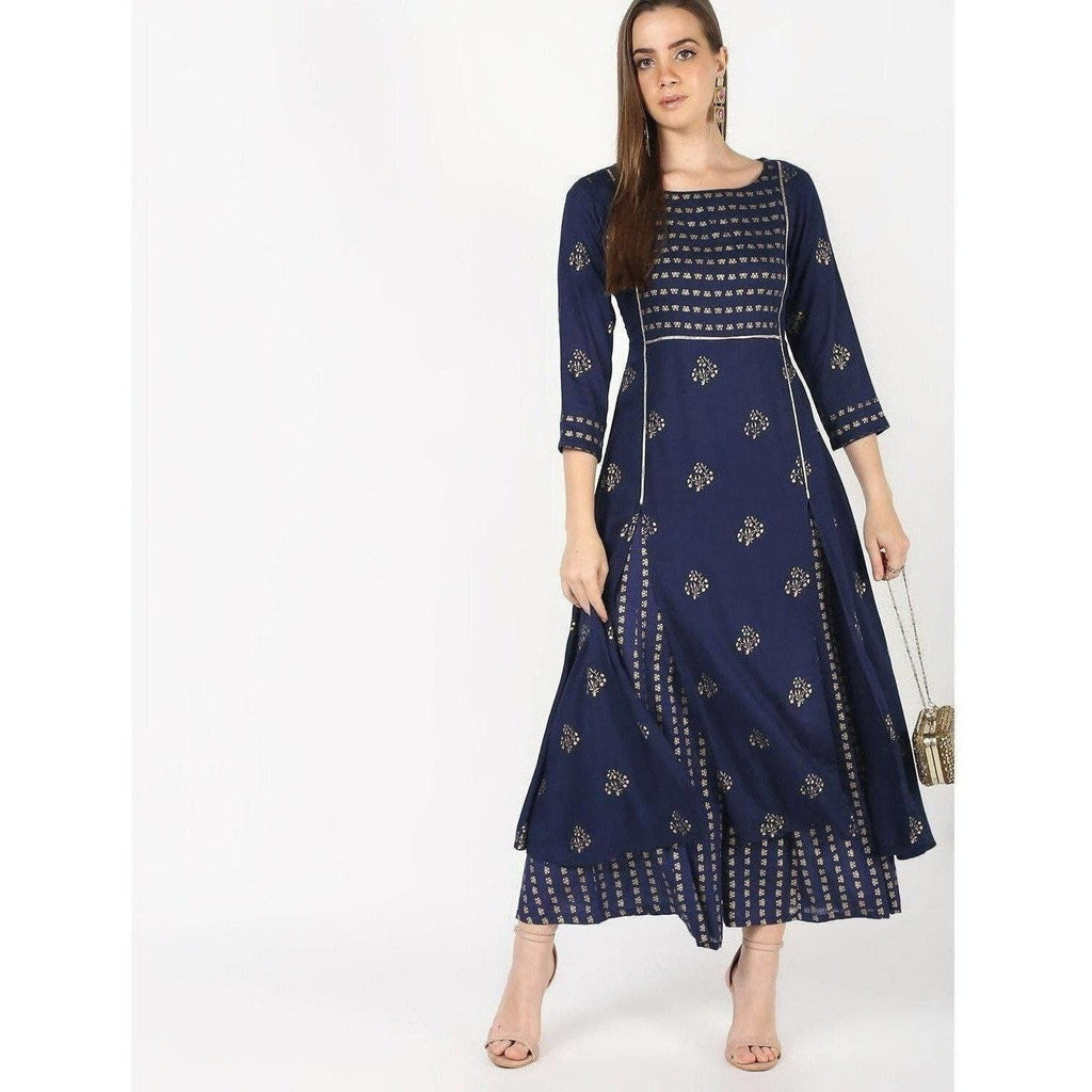 Cheera Flair A-Line Kurta With Front Slit Cut With Kalidar Palazzo With Foil Print (CH044K) | Grocsy