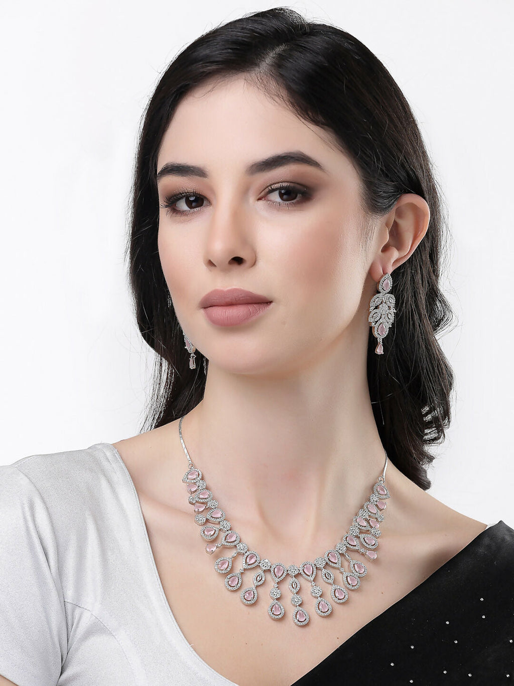 NVR Women's silver plated & Pink CZ stone handcrafted jewellery set