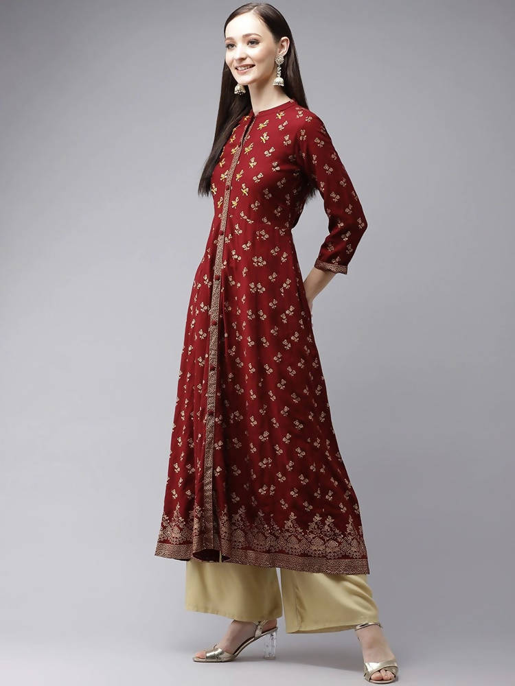 Yufta Women Maroon & Gold Floral Printed Kurta | Grocsy