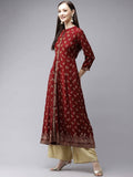 Yufta Women Maroon & Gold Floral Printed Kurta | Grocsy