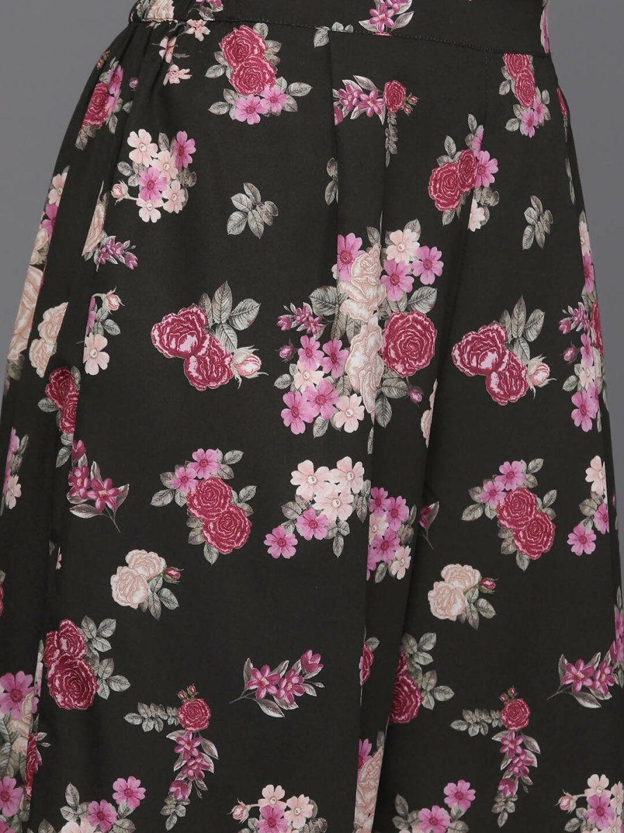 Ahalyaa Women Floral Printed Tunic with Palazzos - Black Color | Grocsy