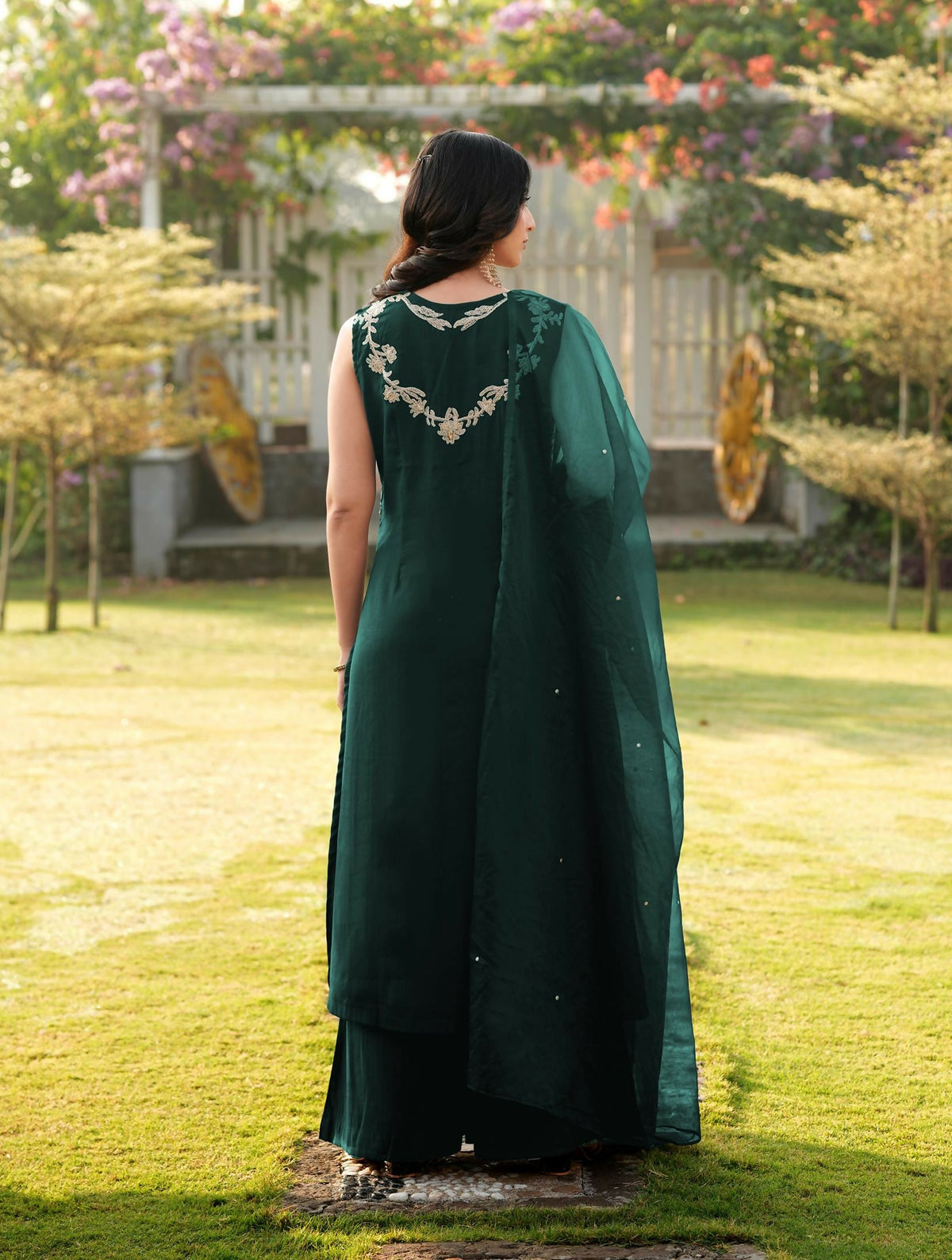 Nikhaar Dark Green Embroidered Art Silk Stitched A Line Kurta Palazzo Dupatta Readymade Suit | Grocsy