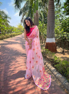 Vamsee Red-Garden Pink Organza Saree | Grocsy