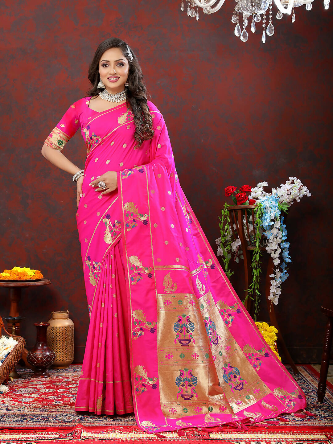 Lorenvalley Fashion Magenta Soft Paithani Silk Woven Design Gold Zari Meenakari Weaving Saree | Grocsy