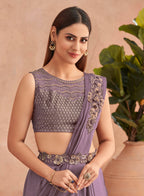 Purple Satin Embroidered Ready To Wear Saree With Unstitched Blouse Piece - Nandika | Grocsy