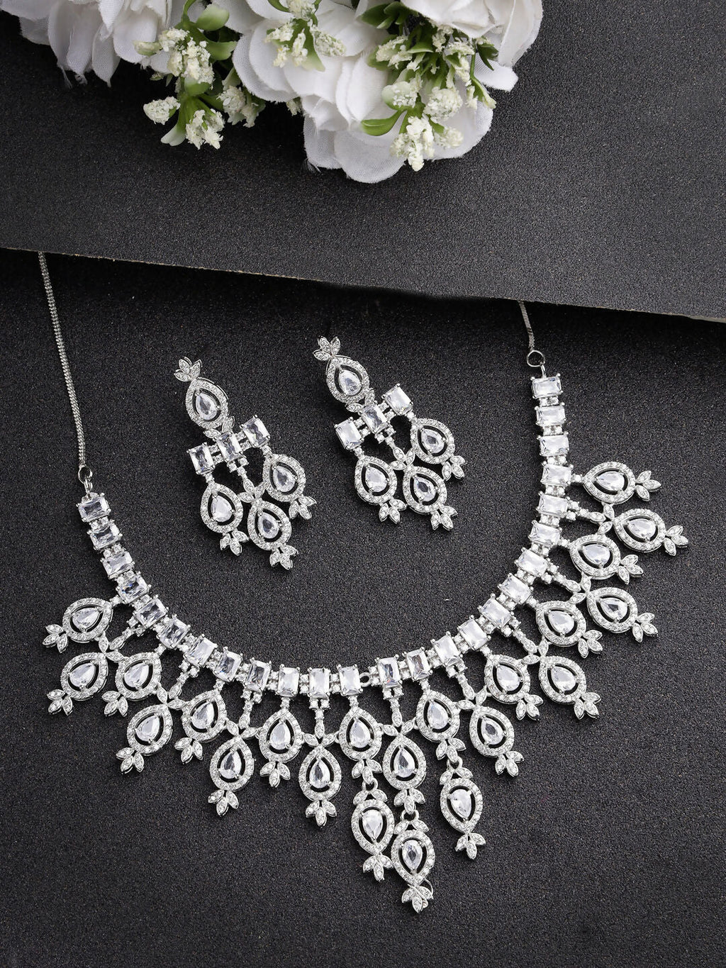 NVR Women's Silver-Plated Cubic Zirconia Studded Handcrafted Jewellery Set | Grocsy