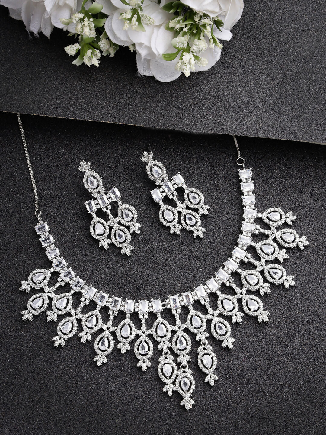 NVR Women's Silver-Plated Cubic Zirconia Studded Handcrafted Jewellery Set | Grocsy