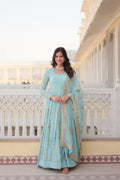 Vastranavya Faux Georgette with Zari & Sequins Embroidery Work Gown with Dupatta - Turquoise | Grocsy
