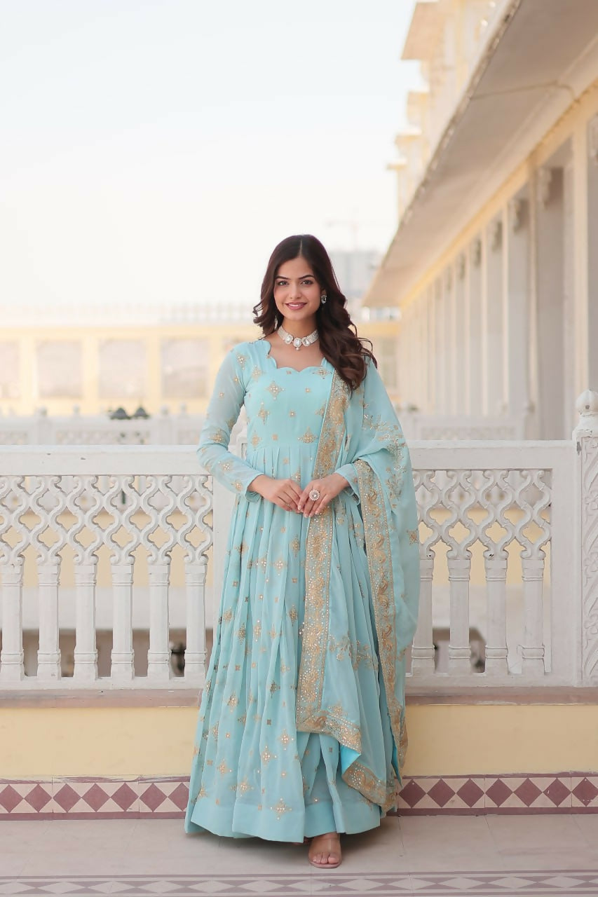 Vastranavya Faux Georgette with Zari & Sequins Embroidery Work Gown with Dupatta - Turquoise | Grocsy