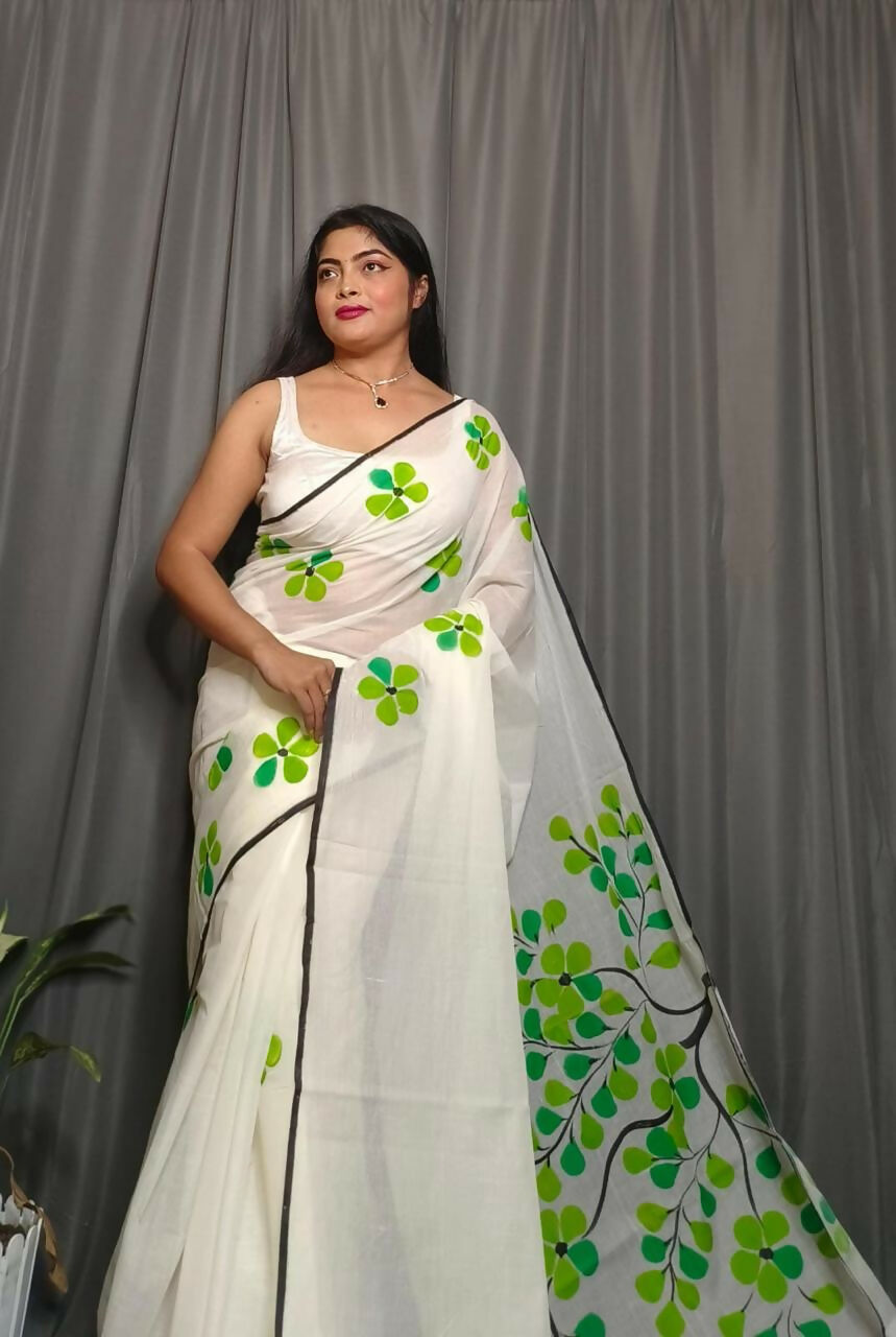 Exclusive Collection Beautiful White Light Green Pure Cotton Hand Print Handloom Saree With Running Blouse Piece | Grocsy