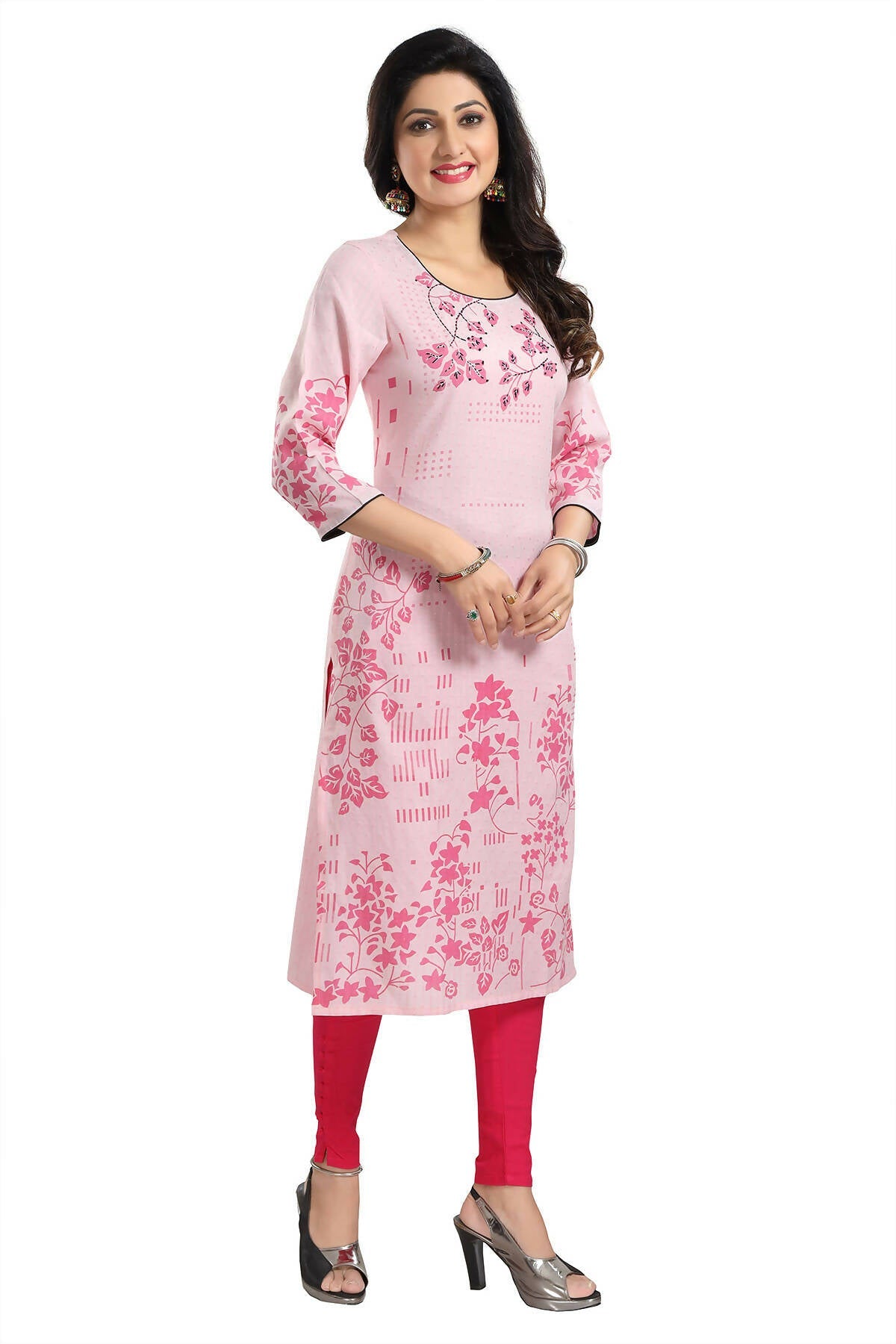 Snehal Creations Pretty Pink Rayon Textured Print Long Kurta For Women | Grocsy