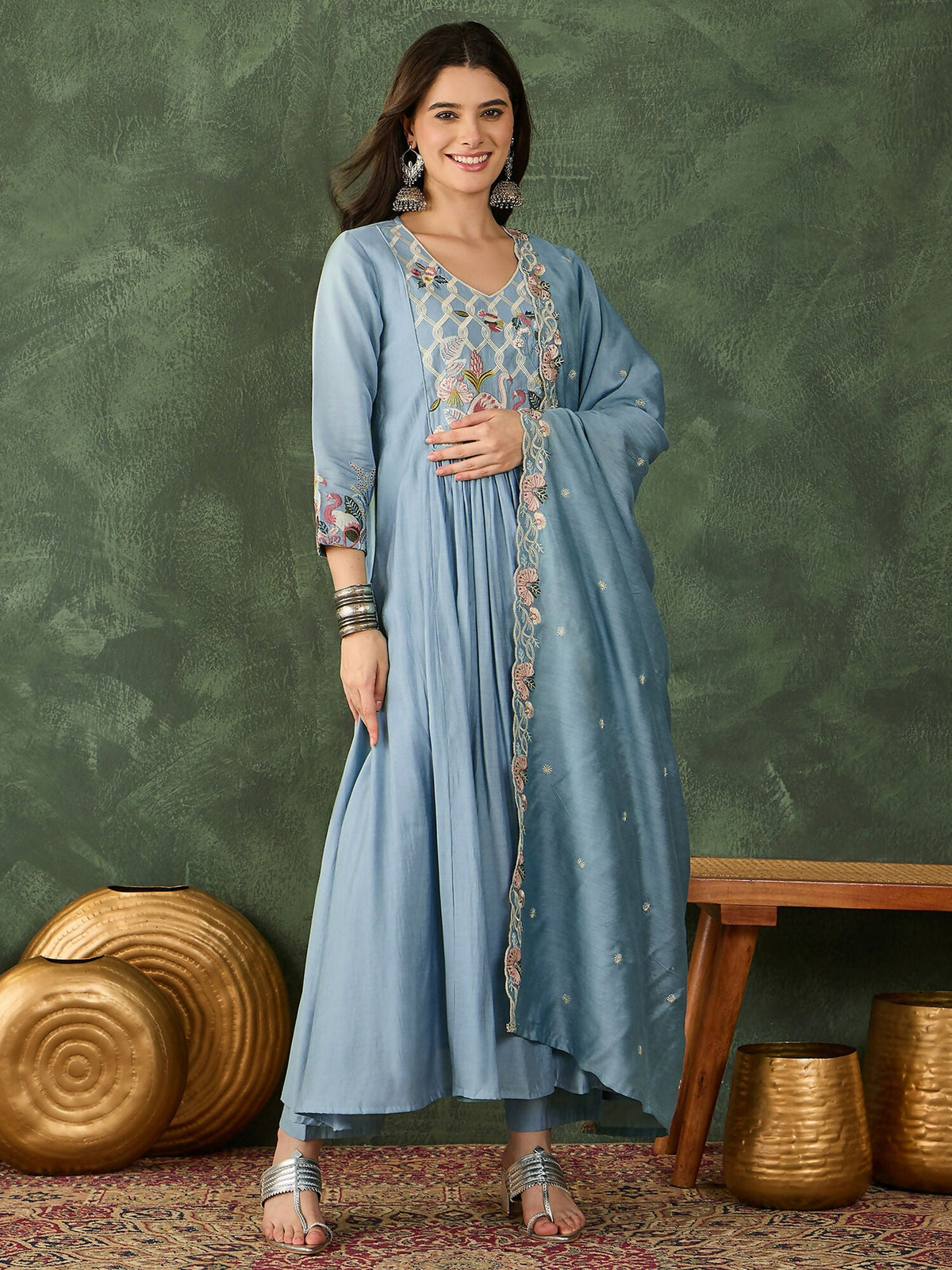 The52 Women's Beautiful Embroidery Work Silk Fabric Flared Kurta Pant and Dupatta Set-Sky | Grocsy