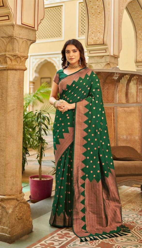 DEIANA'S Beautiful Designer Golden zari Soft Lichi Silk Saree - Green | Grocsy