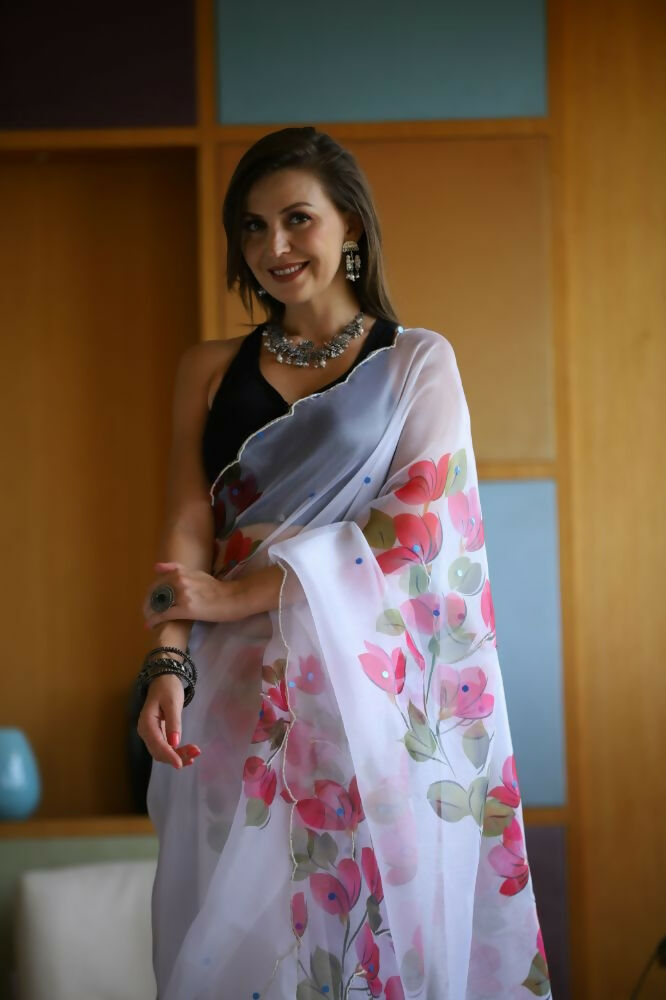 Vamsee Dhruti2 White Organza Saree | Grocsy