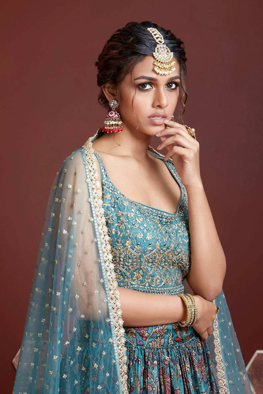 Wedding Designer Sky Chinon Silk Lehenga Choli - Anbazaar | Grocsy