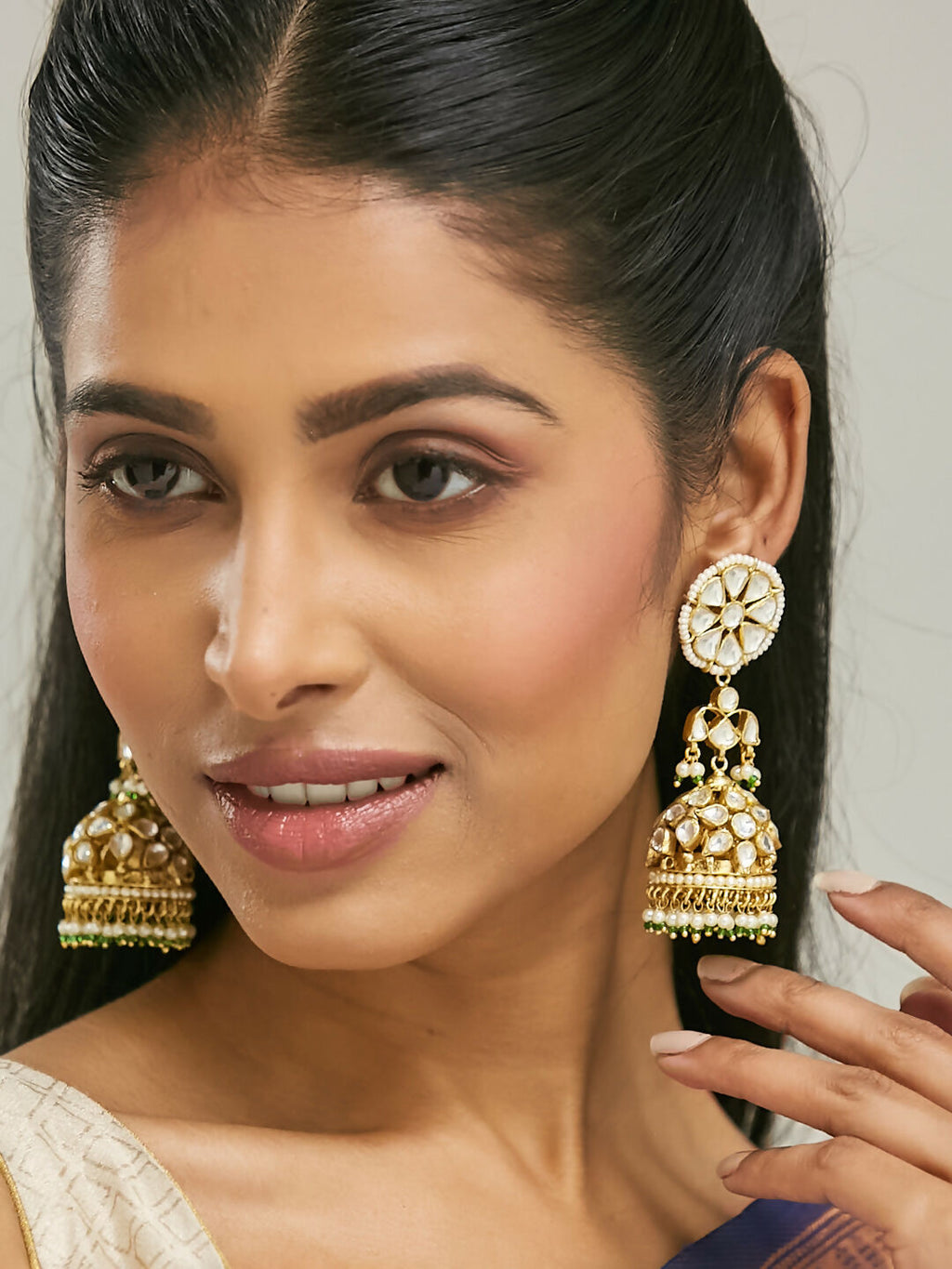 Nuyug 22K Gold-Plated Kundan Stone Studded & Pearl Beaded Dome Shaped Jhumkas | Grocsy