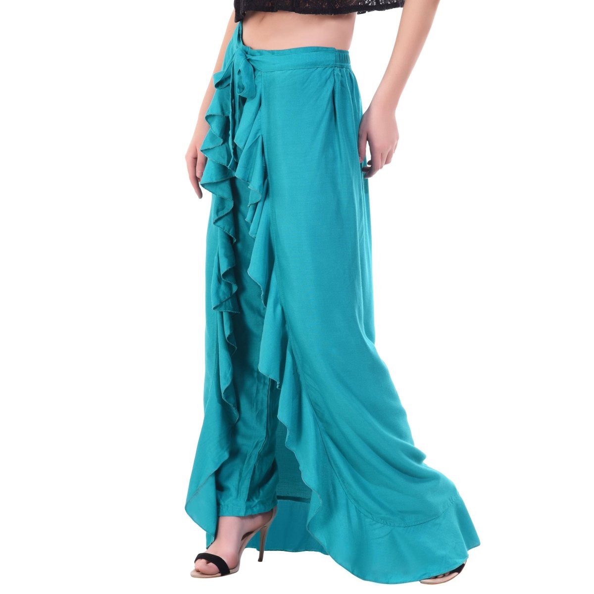 Asmaani Turquoise Color Plain Ruffle Palazzo | Grocsy