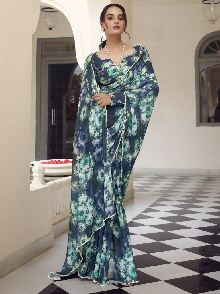 Vastranavya Navy Blue Weightless Marble Printed & Pearl Lace Border Saree with Unstitched Blouse | Grocsy