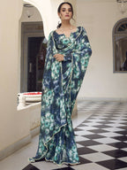 Vastranavya Navy Blue Weightless Marble Printed & Pearl Lace Border Saree with Unstitched Blouse | Grocsy