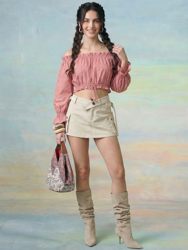 Janasya Blush Crop Cotton Top | Grocsy