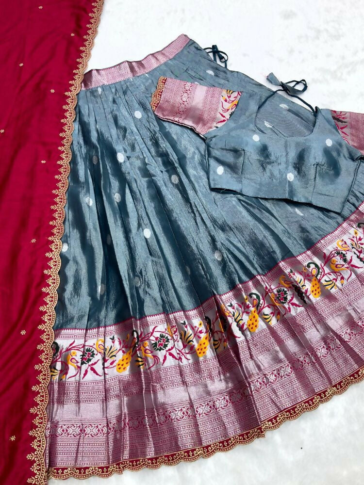 Teeya Creation Graceful Grey Ethnic Set Paired with Magenta Pink Scalloped Border Dupatta | Grocsy