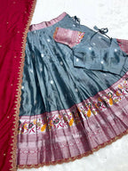 Teeya Creation Graceful Grey Ethnic Set Paired with Magenta Pink Scalloped Border Dupatta | Grocsy