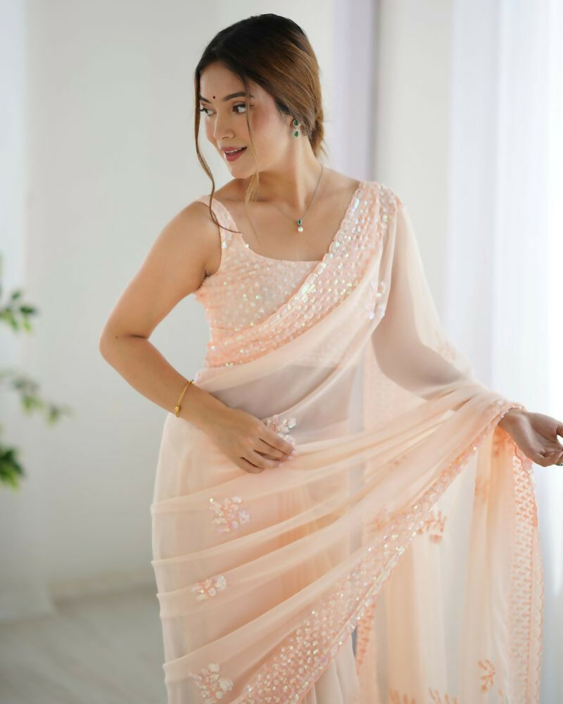 Attractive Looking Georgette Thread, Sequance Embroidery Work Party Wear Saree - Peach | Grocsy