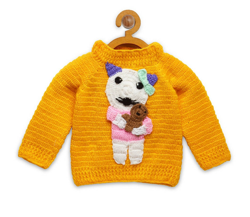 Chutput Kids Woollen Hand Knitted Cat Design Sweater - Yellow | Grocsy