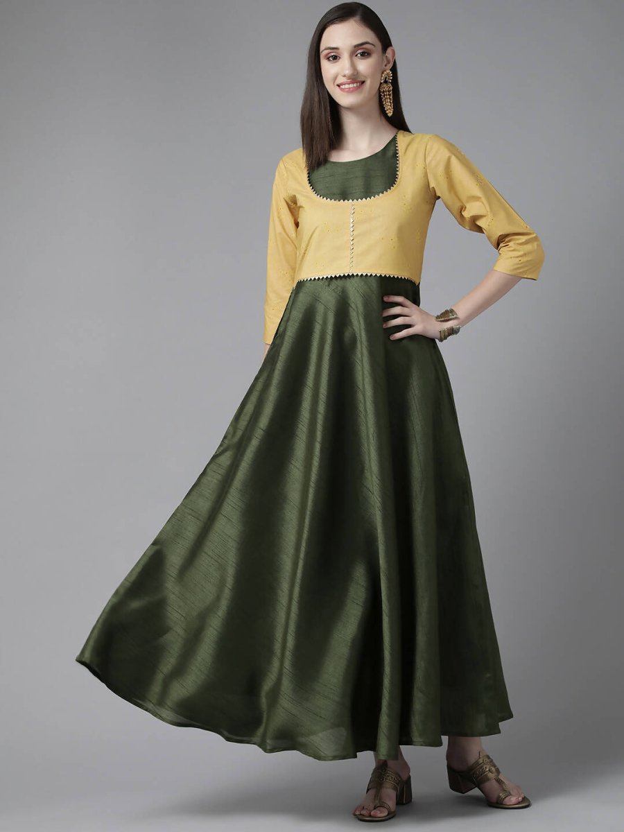 Ahalyaa Womens Olive Art Silk Solid Dress with Jacket | Grocsy