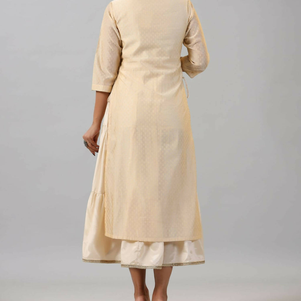 Juniper Women Gold Chanderi Printed Layered Maxi Dress with Embroidered Yoke | Grocsy