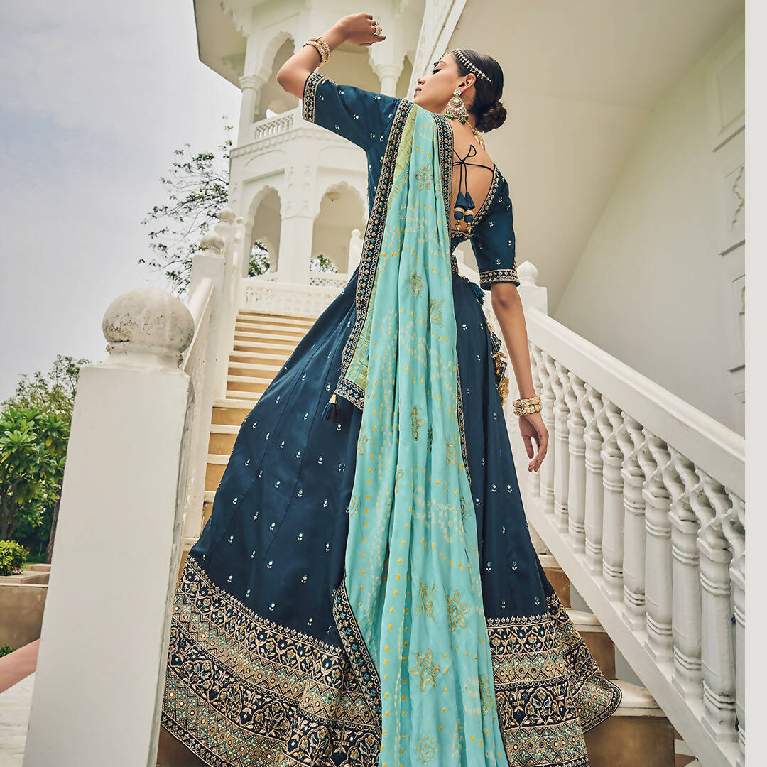 Navy Blue Heavy Viscose Khatli, Embroidery & Mirror Work Unstitched Lehenga Choli - Sisha Keshav | Grocsy