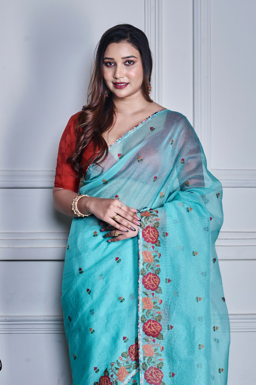 Morchari Green Supernet Cross Stitched Embroidery Saree Unstitched Blouse | Grocsy