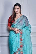 Morchari Green Supernet Cross Stitched Embroidery Saree Unstitched Blouse | Grocsy