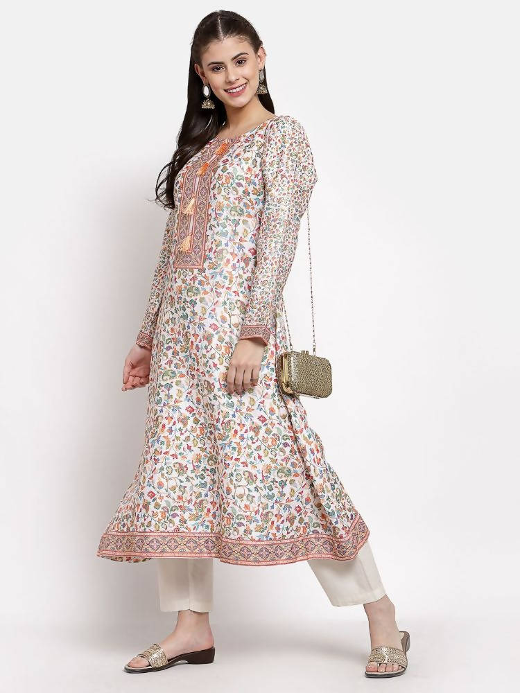 Myshka Women's Multi Cotton Printed Full Sleeve Round Neck Casual Kurta | Grocsy