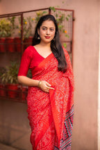 Red Silk Blend Ajrak Saree with Unstitched Blouse - Hiral Fashion | Grocsy