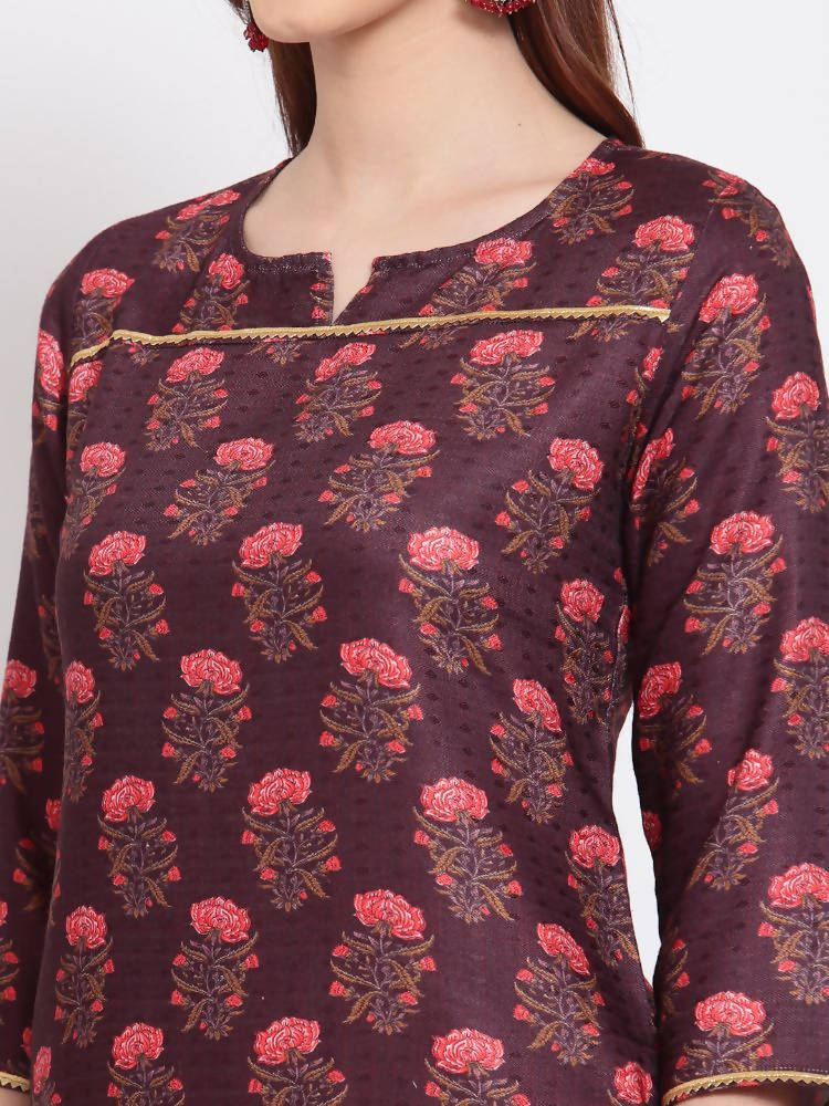 Myshka Women's Wine Printed Pashmeena 3/4 Sleeve Round Neck Casual Winter Kurta | Grocsy