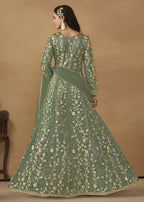 Pant Style Sage Green Embroidered Net Wedding Anarkali Suit - Emponline | Grocsy