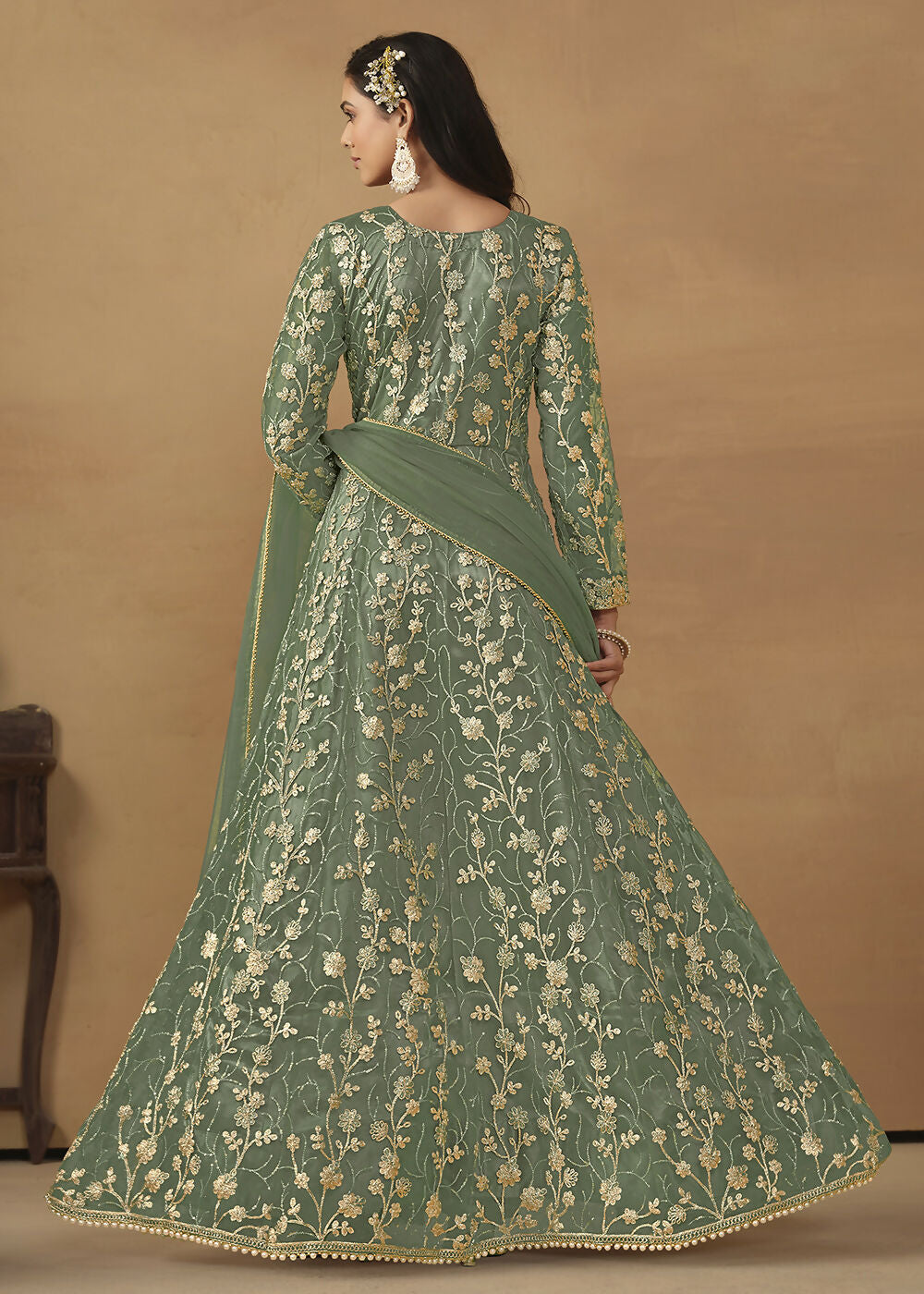 Pant Style Sage Green Embroidered Net Wedding Anarkali Suit - Emponline | Grocsy