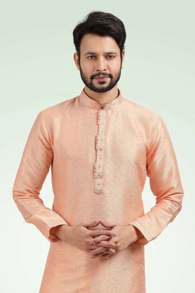 Raivat Ethnic Jacquard Banarasi Silk Pintux Work Kurta Pajama In Peach Colour | Grocsy