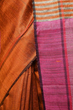 Very Much Indian Handwoven Raw Silk Dupion Saree - Orange With Pink Pallu | Grocsy