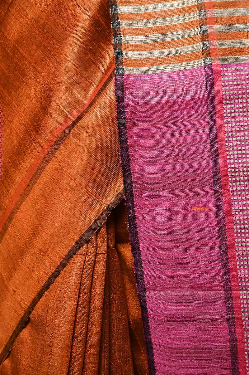 Very Much Indian Handwoven Raw Silk Dupion Saree - Orange With Pink Pallu | Grocsy