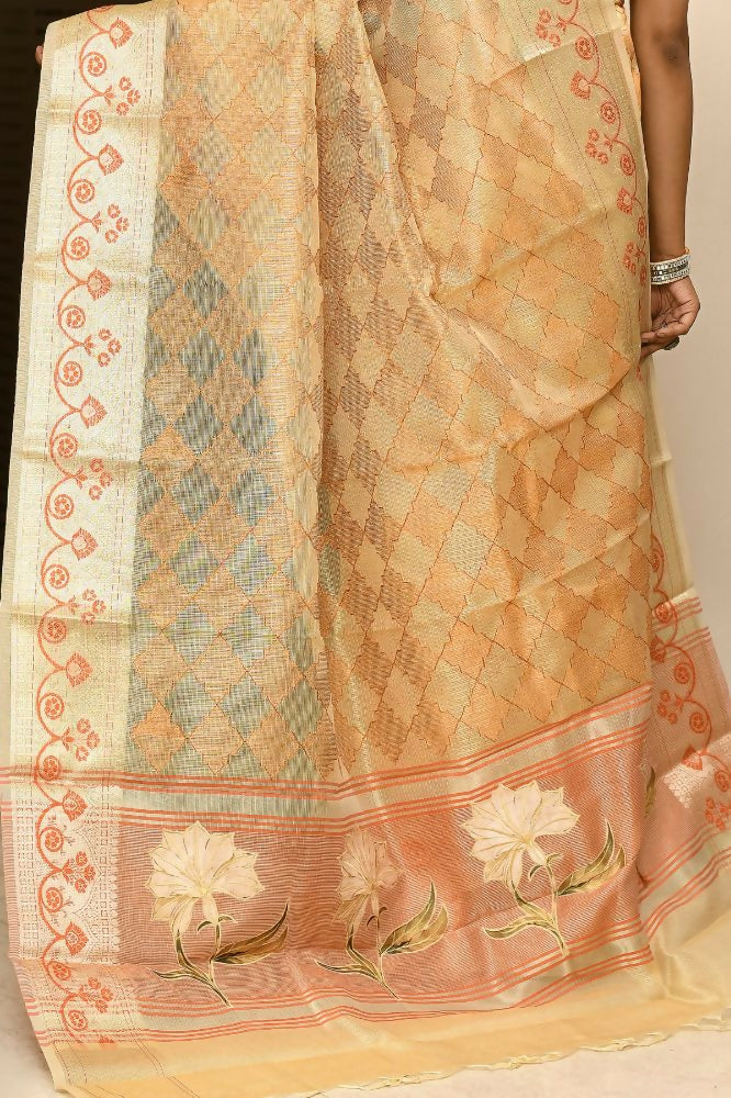 Joban Fashion Light Orange Saree Kota Tissue With Embroidery And Applick Anchal | Grocsy