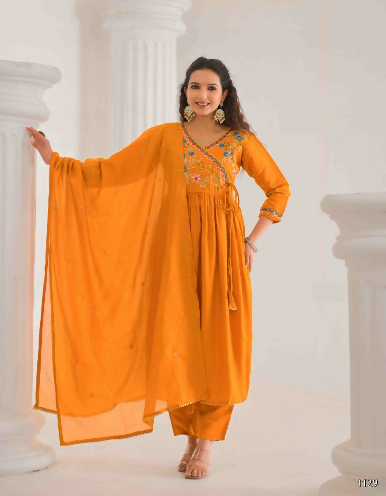 Ethnic Festive Wear Viscose Chanderi orange Stitched Suit With Dupatta - Tanisha | Grocsy